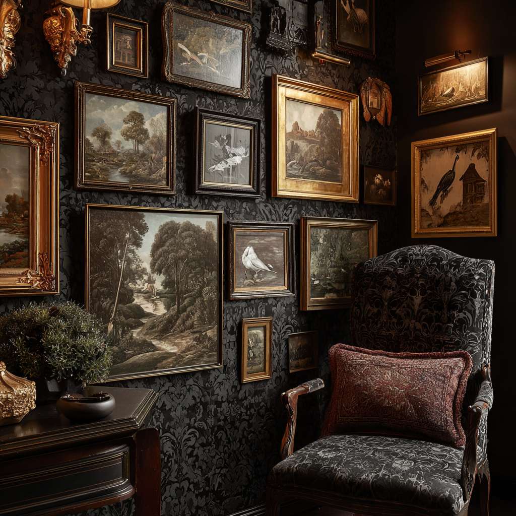 Decorative wall with framed artworks and a chair in a dark room