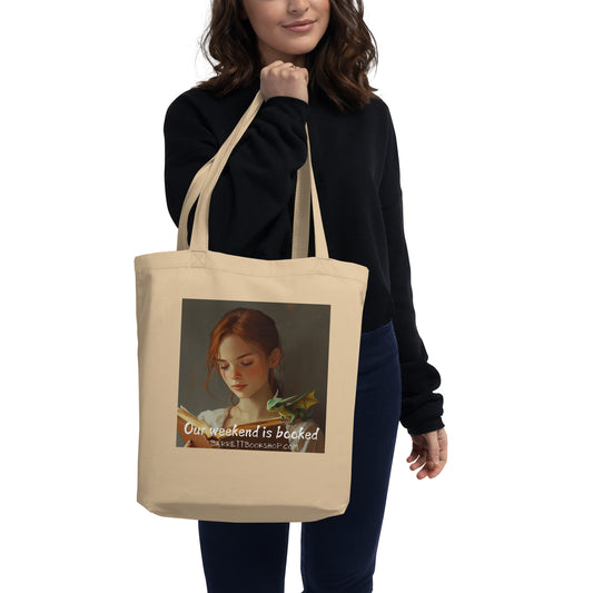 eco tote bag our weekend is booked model holding bag