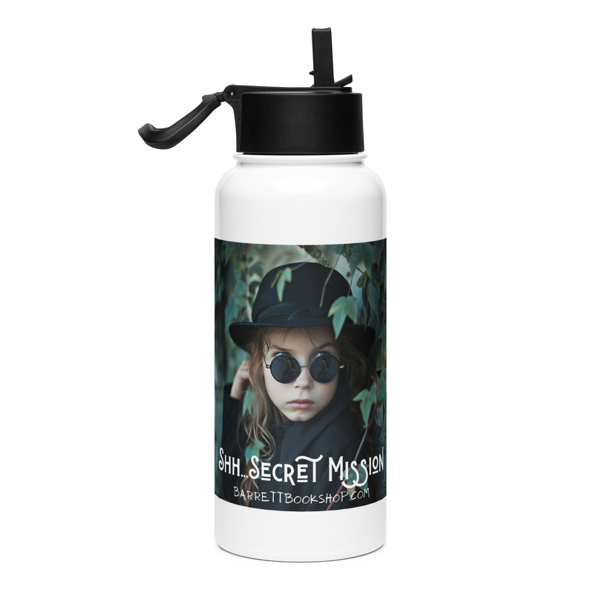 32 oz stainless steel water bottle with a straw right side secret mission