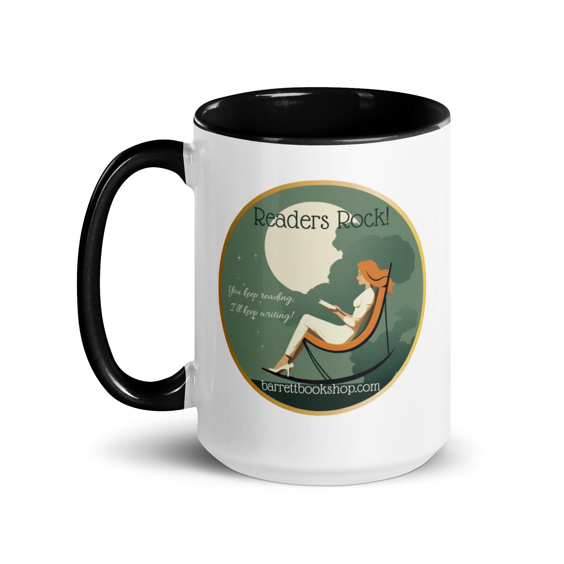 white mug with black handle, rim, and interior. Readers rock.